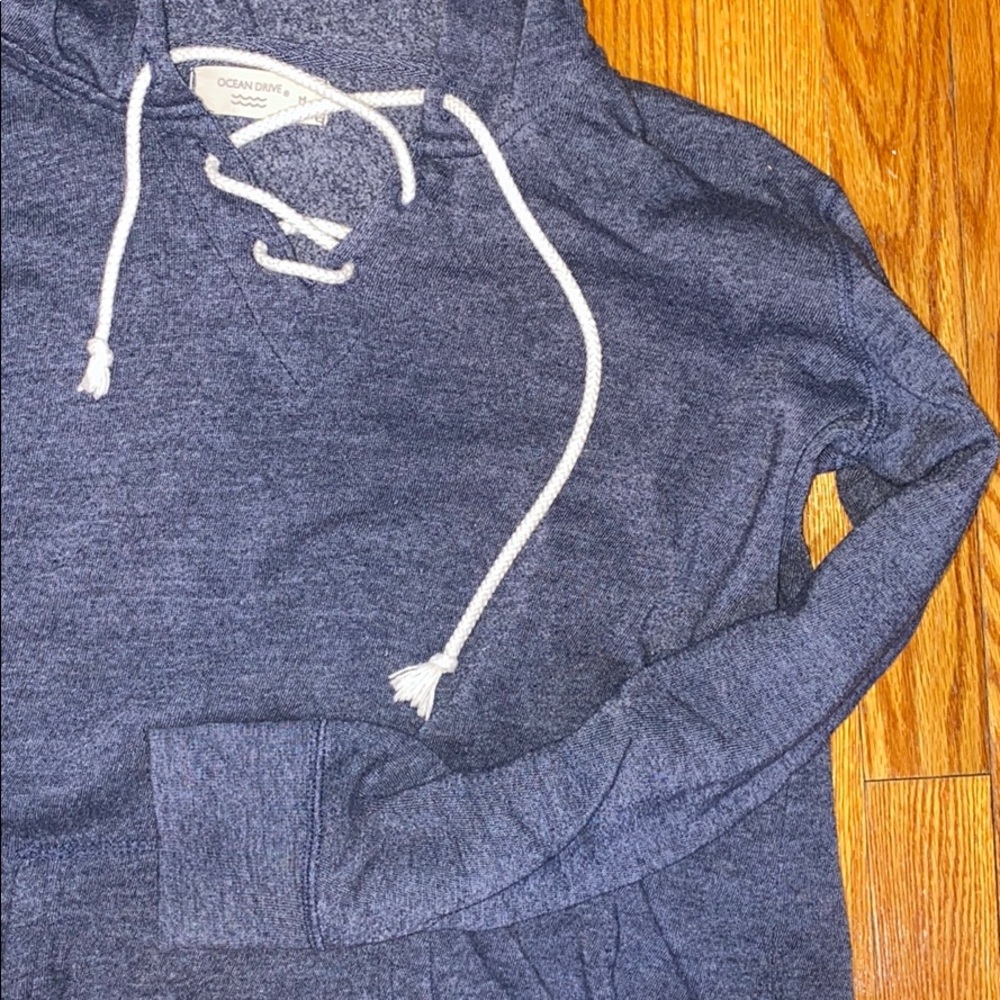 Navy blue tie up sweatshirt. - Picture 2 of 3
